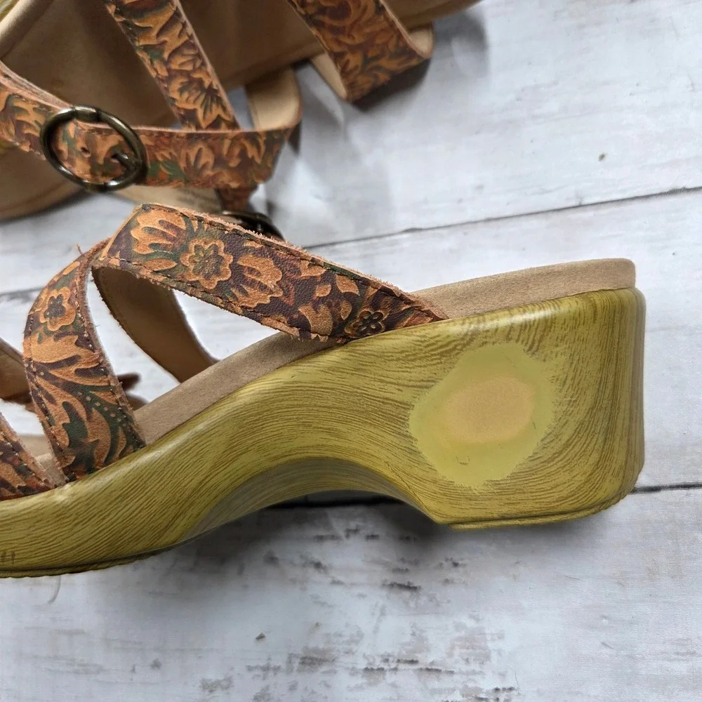 Alegria Wedge Sandal Women 37 Brown Floral Leather ROU-166 Boho Platform Strappy